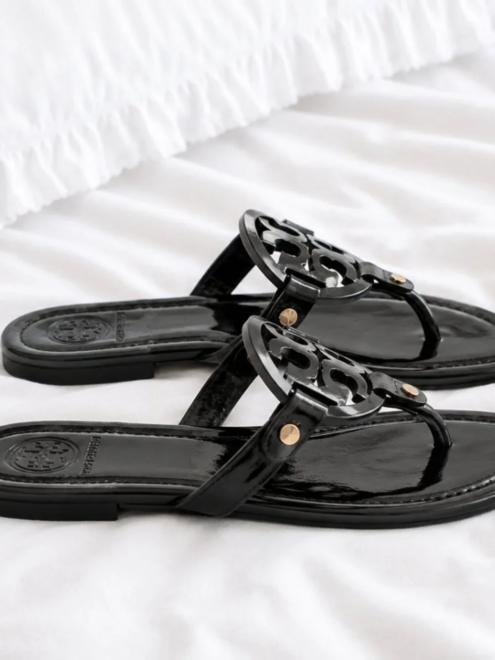 NEW IN BOX Tory Burch Black Patent Leather Miller Sandals